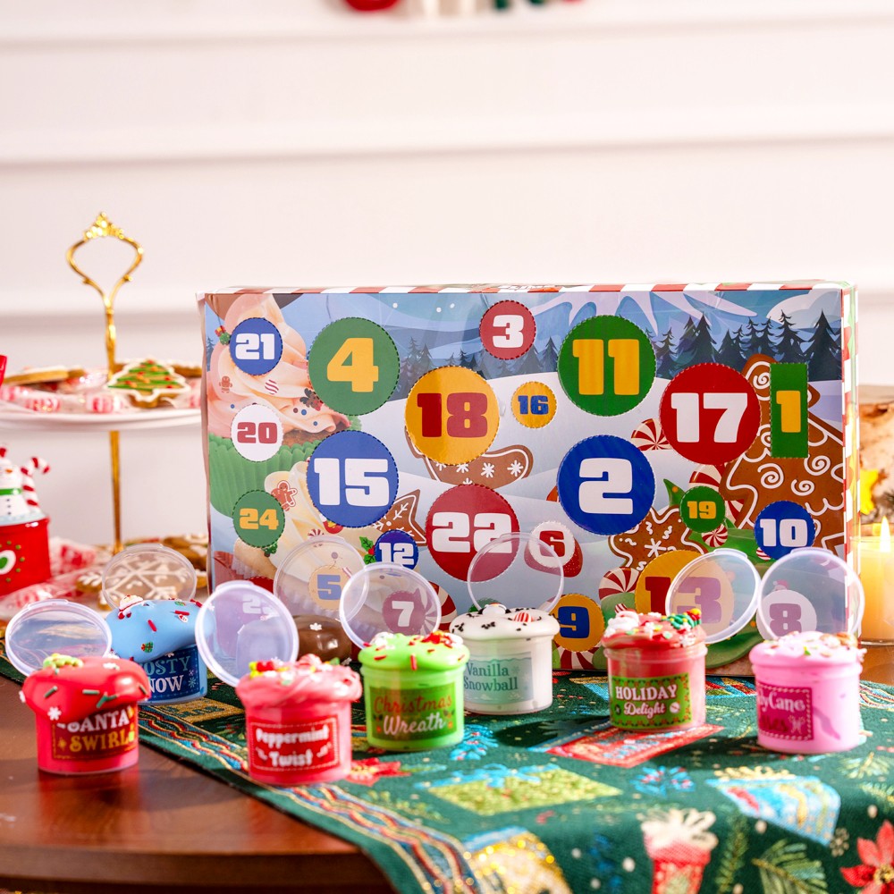 Slijm-adventsbox met 8 potjes en 16 zakjes bedeltjes en sprinkles om te mixen voor de feestdagen