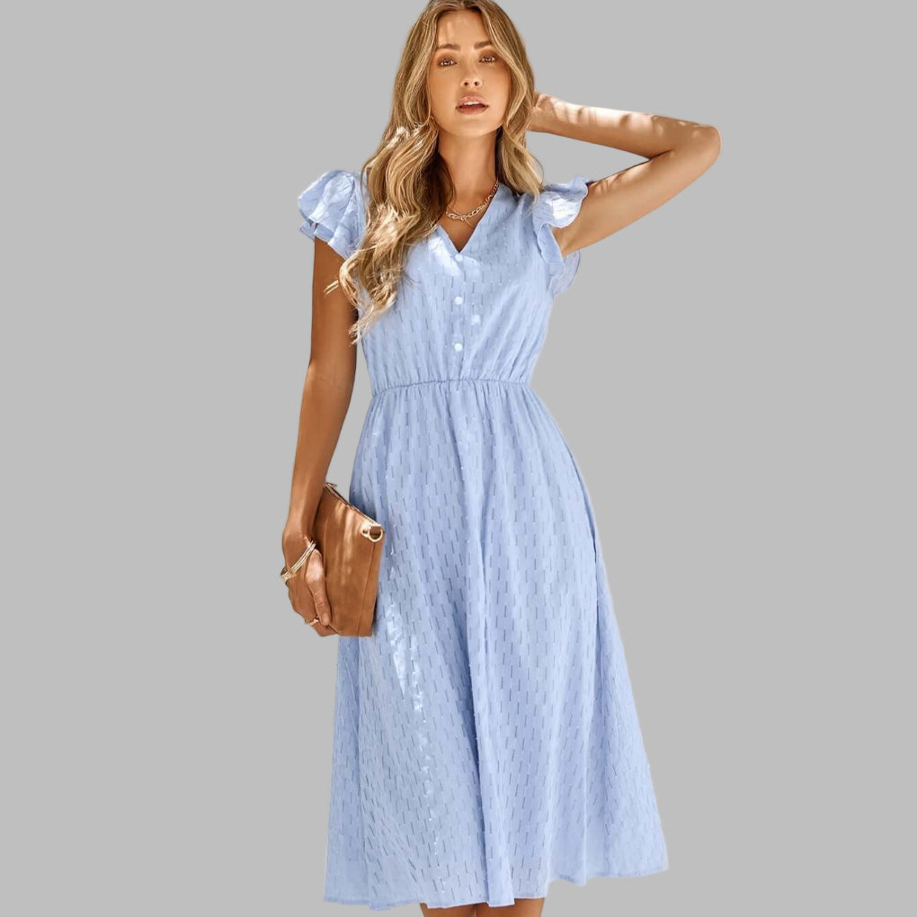 Soepelvallende midi-jurk voor dames met V-hals en ruffles