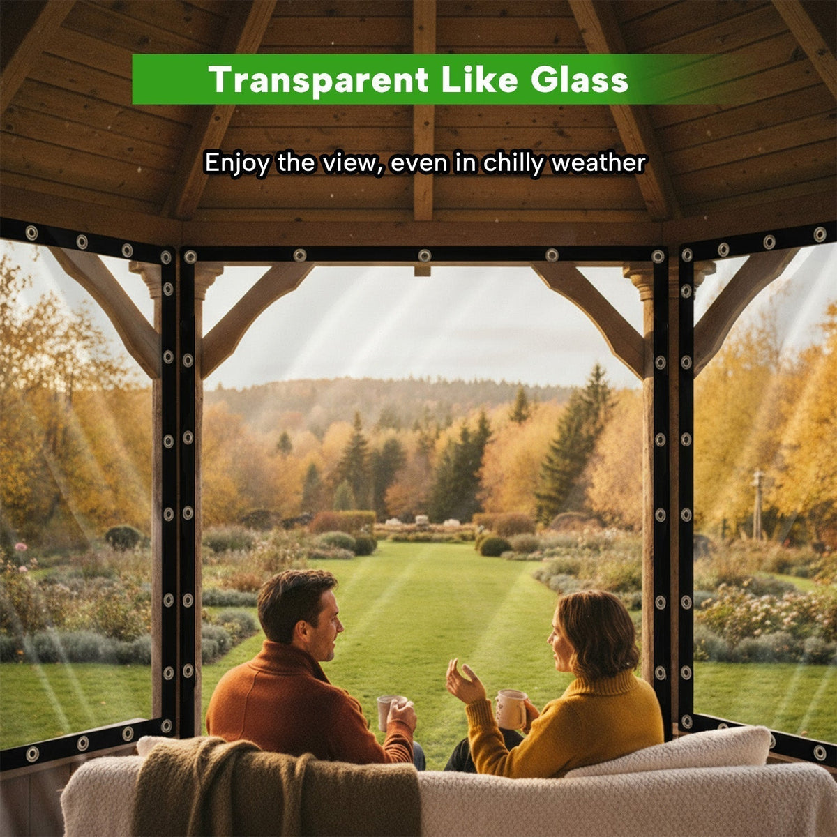 Transparant pvc weerbestendig beschermzeil met ogen voor overkappingen, prieëlen en veranda's, dikte 0,35 mm