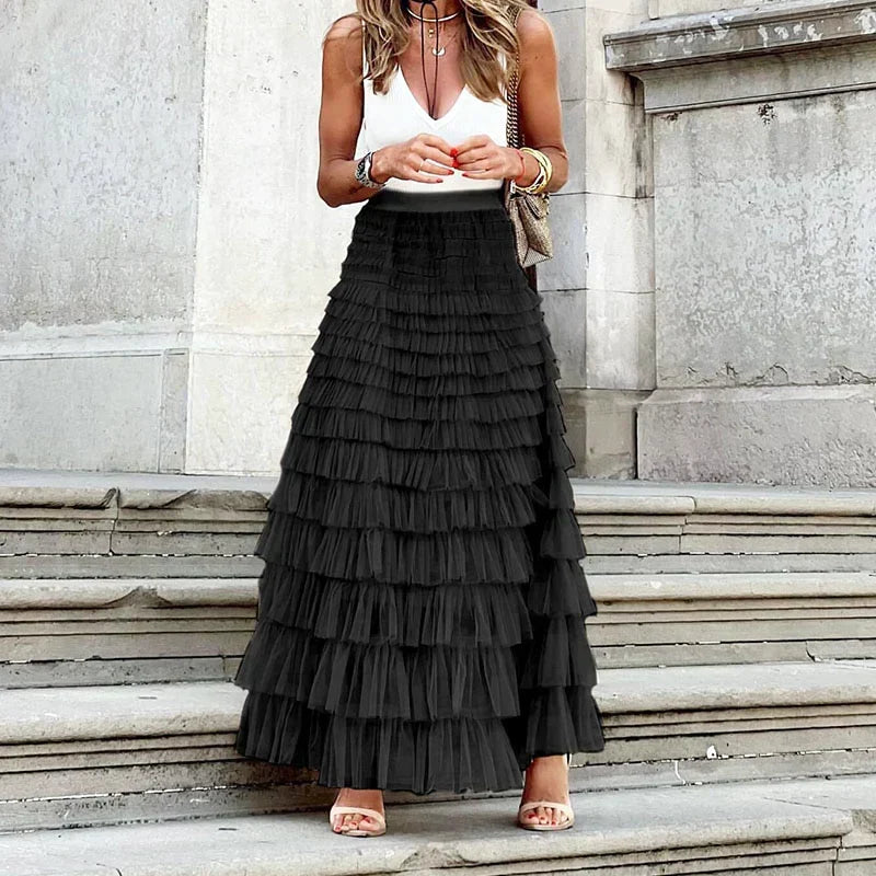 Tulen maxi-rok met elastische tailleband