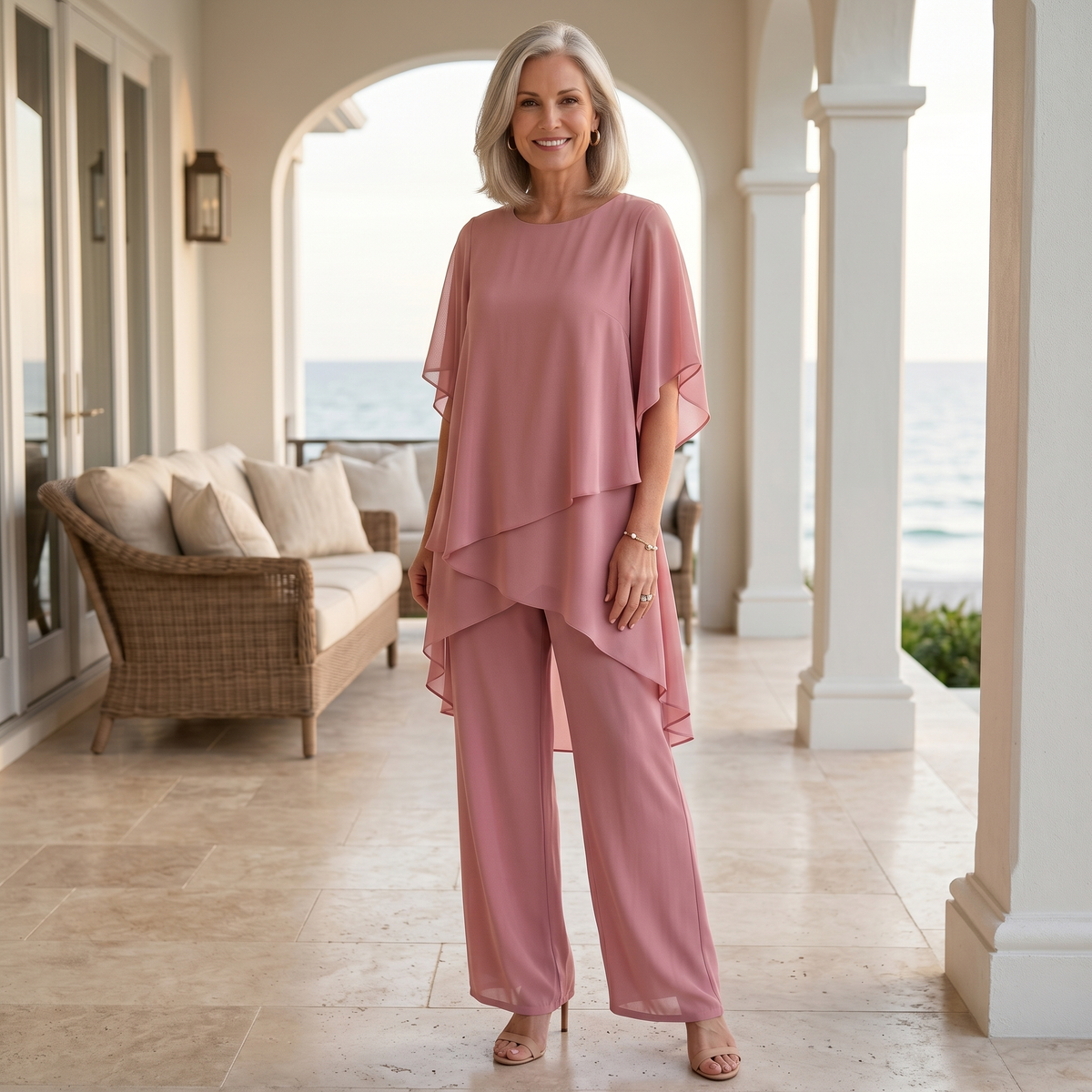 Tweedelige loungewear-set voor dames met palazzobroek in losse pasvorm van lichte ademende stof