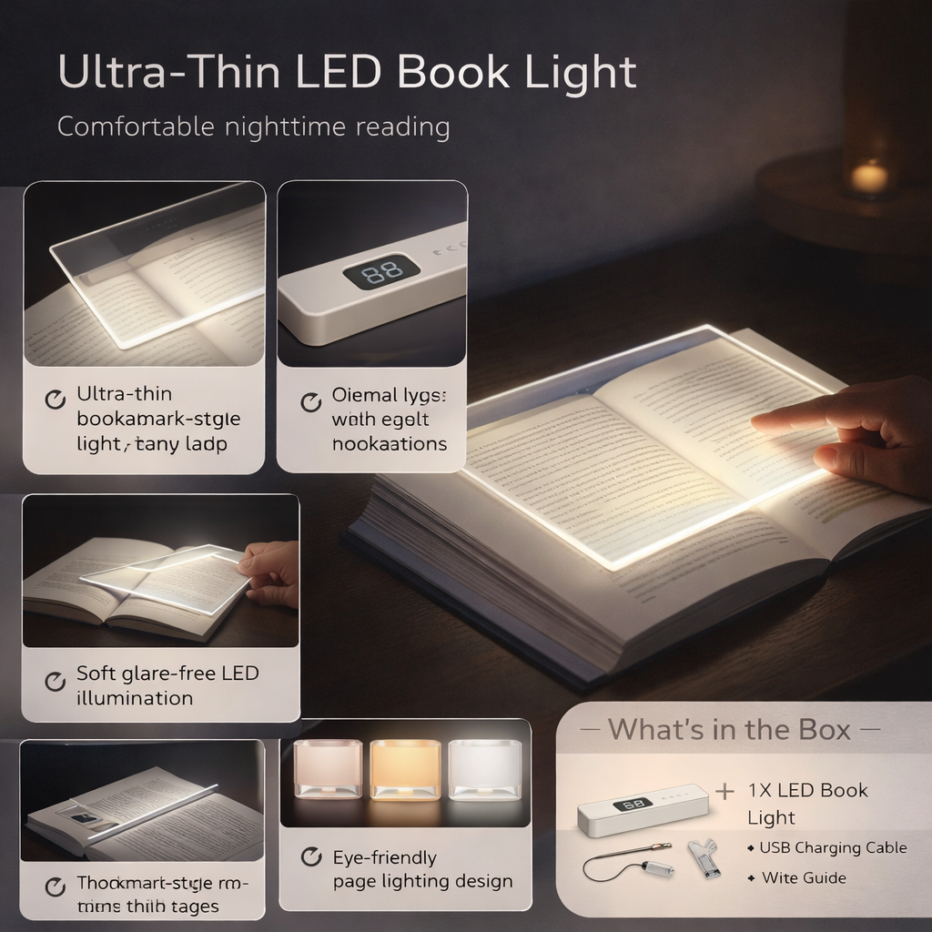 Ultradunne led-leeslamp voor boeken, via usb oplaadbaar