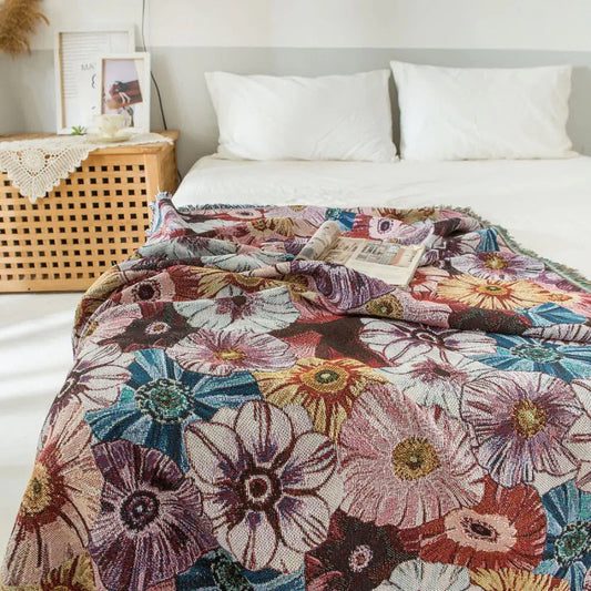 Vintage geweven deken met bloemen en franjes