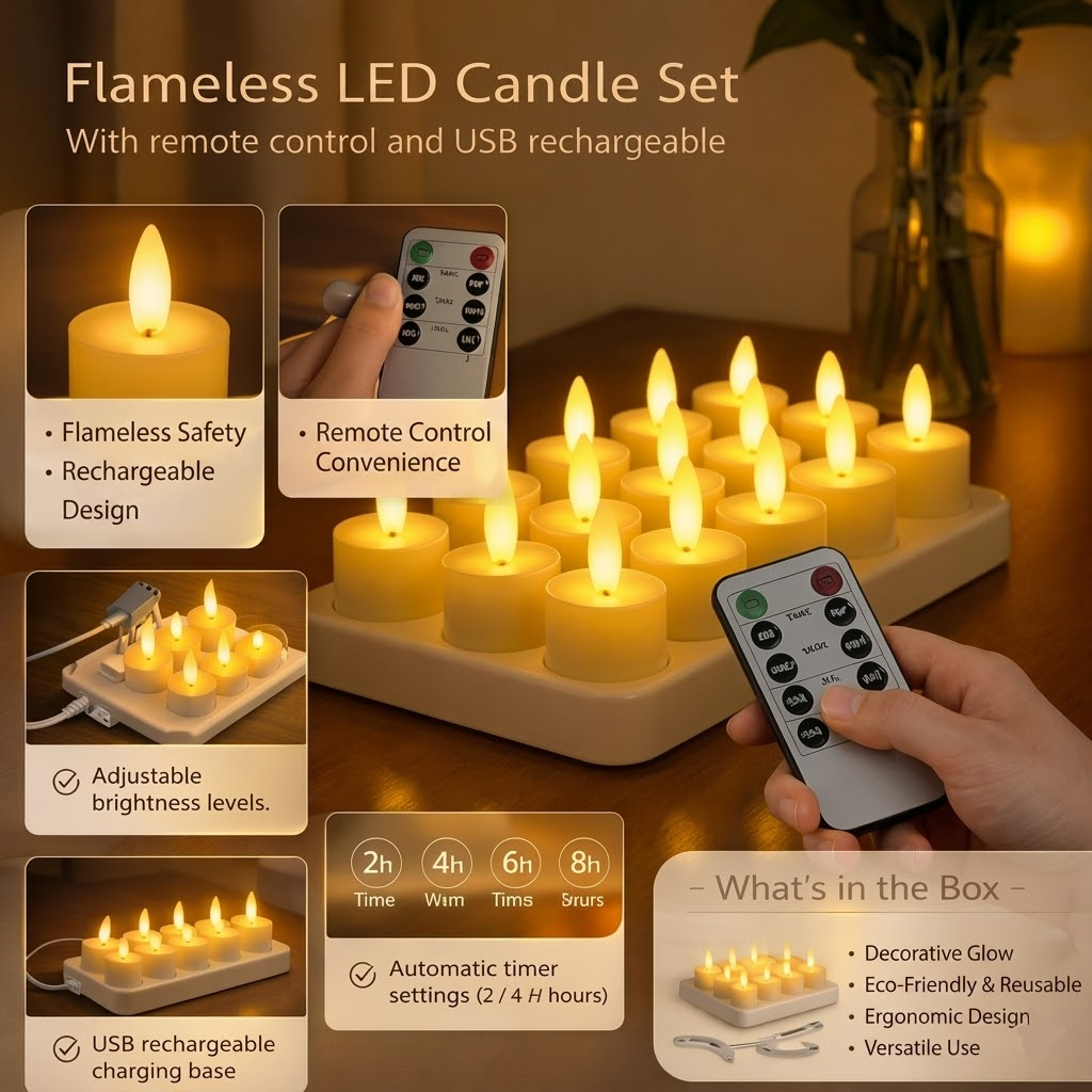 Vlamloze led-kaarsen set met afstandsbediening, timer en usb-herlaadbaar