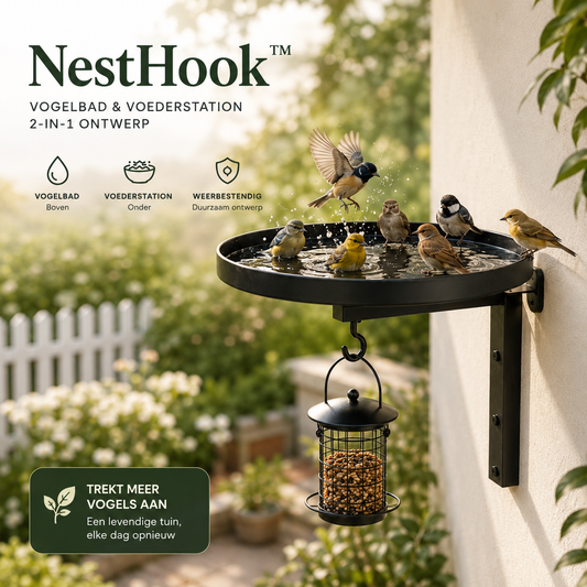 Vogelbadschaal & Haak van Smeedijzer — 2-in-1 voor Muurbevestiging