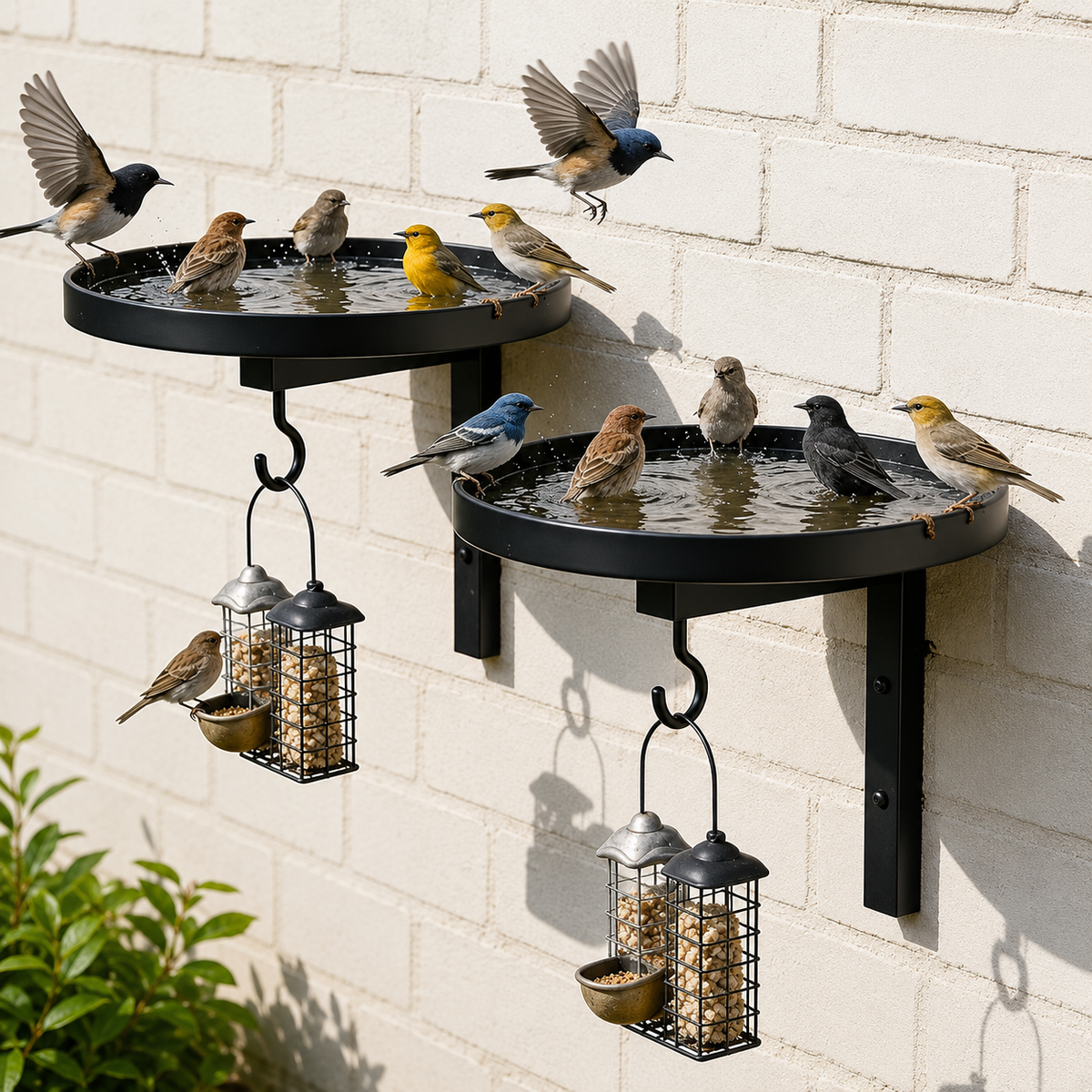 Vogelbadschaal & Haak van Smeedijzer — 2-in-1 voor Muurbevestiging