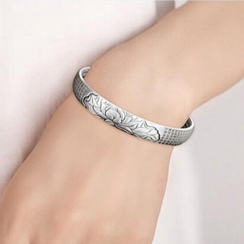 Zilveren Bangle Armband met Lotus en Verstelbaar Design – Hypoallergeen S925 Zilver – Unisex