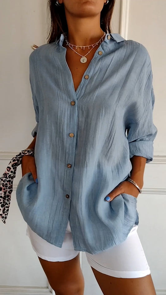 Zomerblouse met lange mouwen voor dames – Luchtige linnen-zijdemix met plooien en Scandinavische kustelegantie