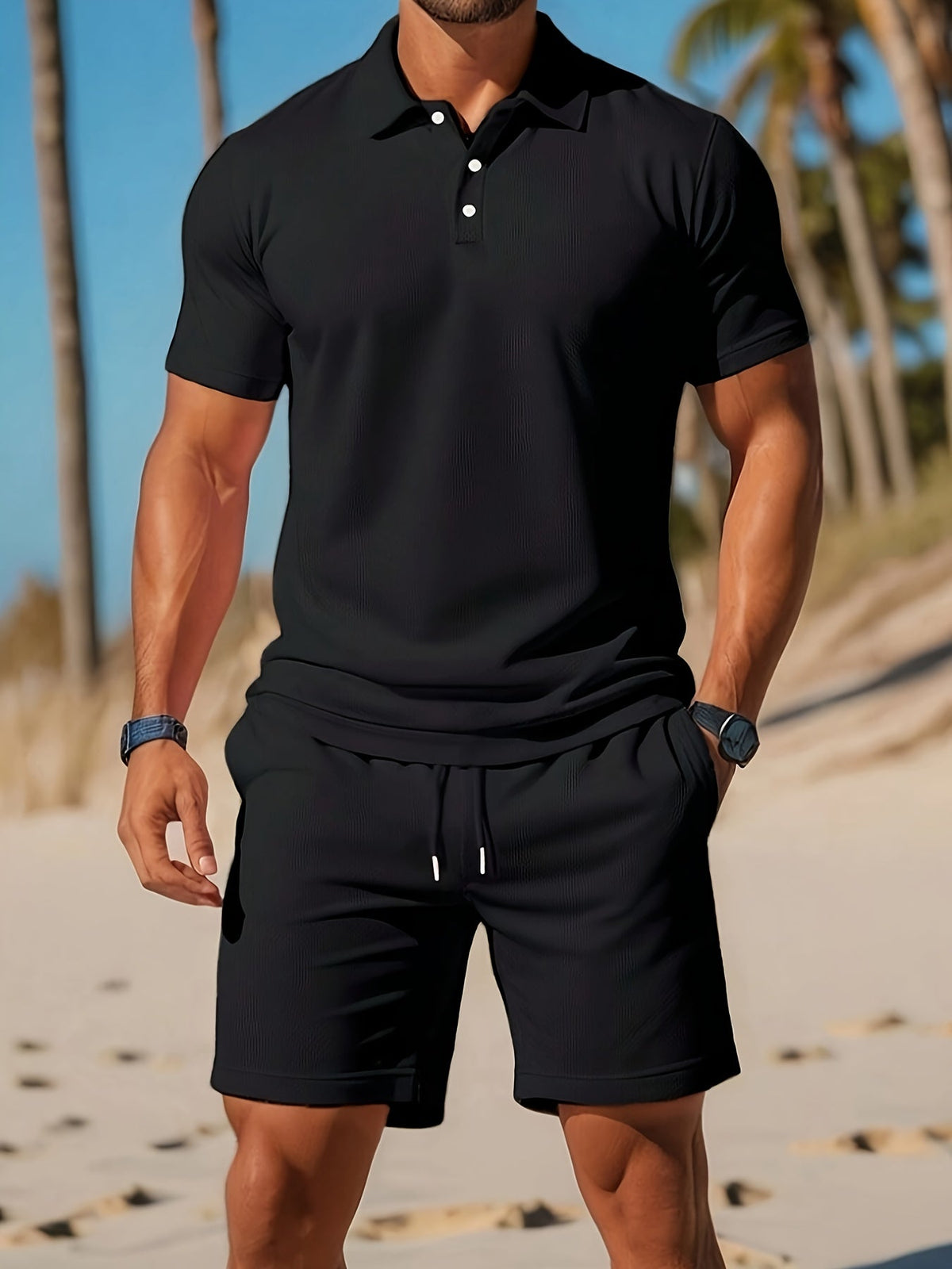 Zomerset voor heren met polo en short met ton-sur-ton structuur