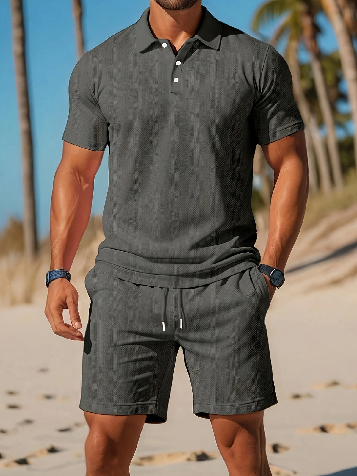 Zomerset voor heren met polo en short met ton-sur-ton structuur