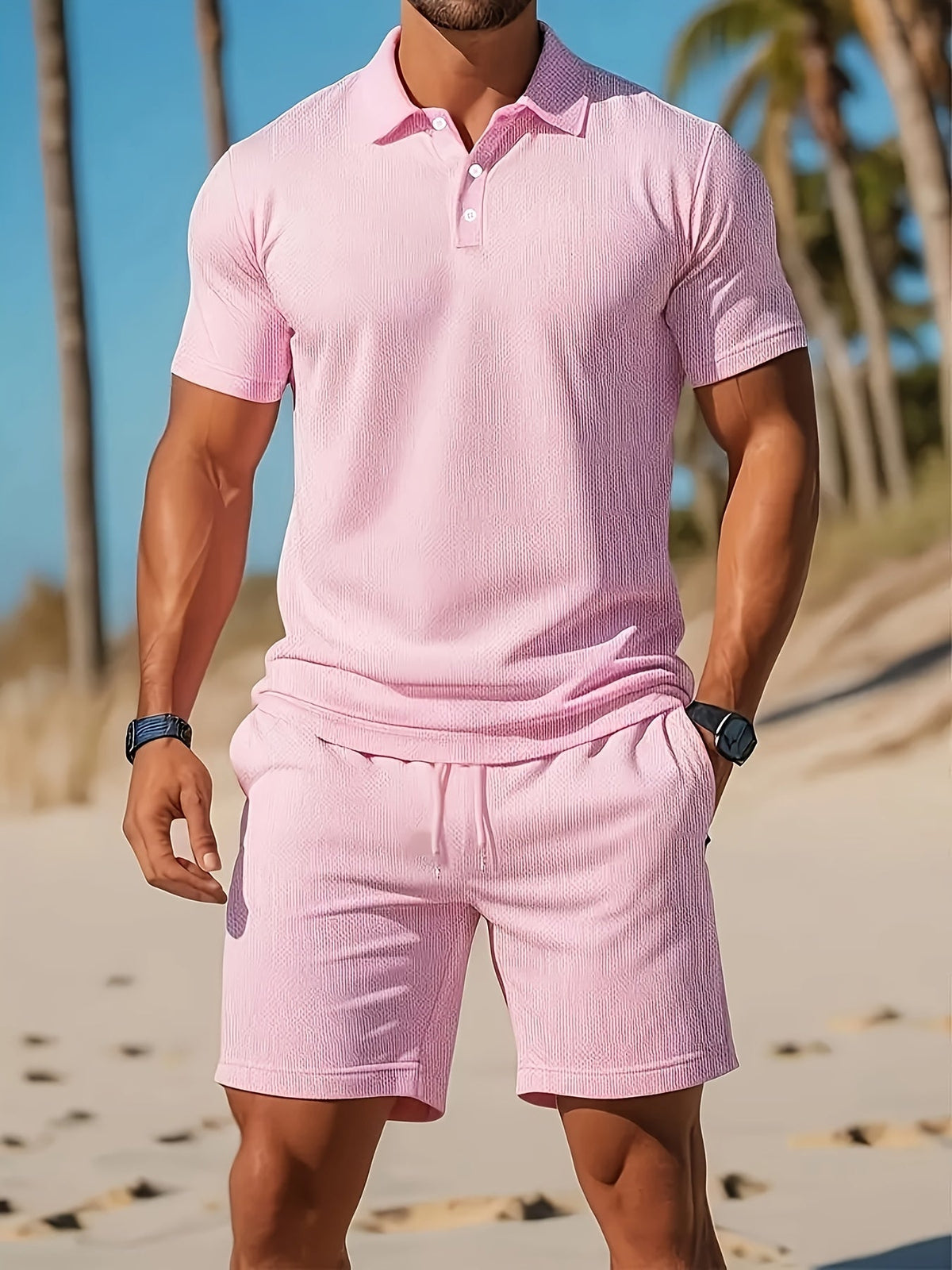 Zomerset voor heren met polo en short met ton-sur-ton structuur