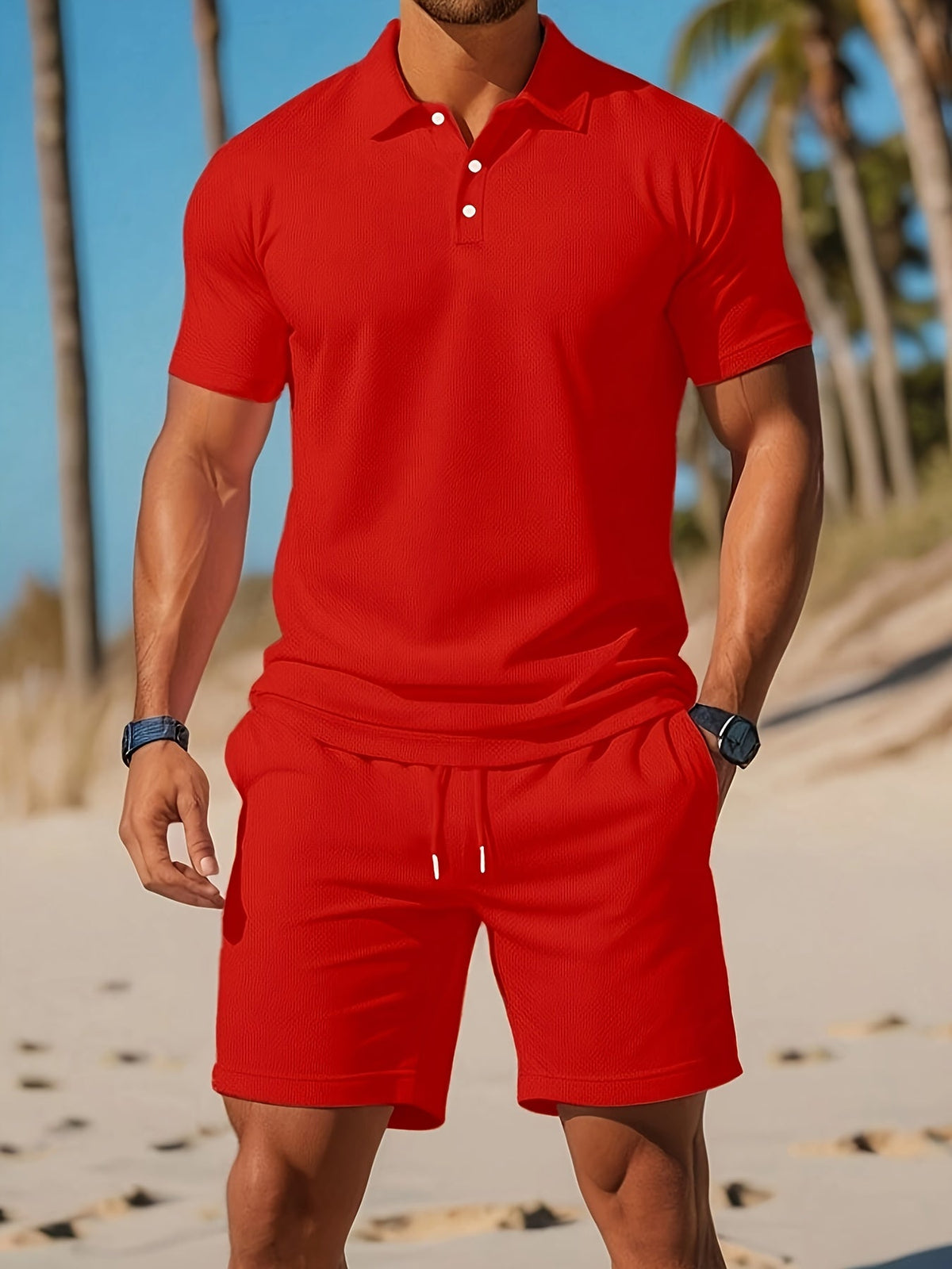 Zomerset voor heren met polo en short met ton-sur-ton structuur