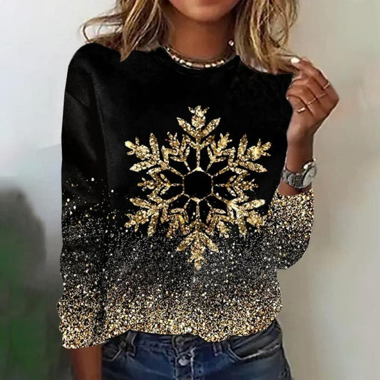 Zwart dames-T-shirt met lange mouwen, ronde hals en sneeuwvlok-glitterprint